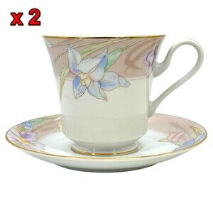 2 Mikasa Charisma Beige L9048 Teacup Cup Saucer Floral Dinnerware  VTG